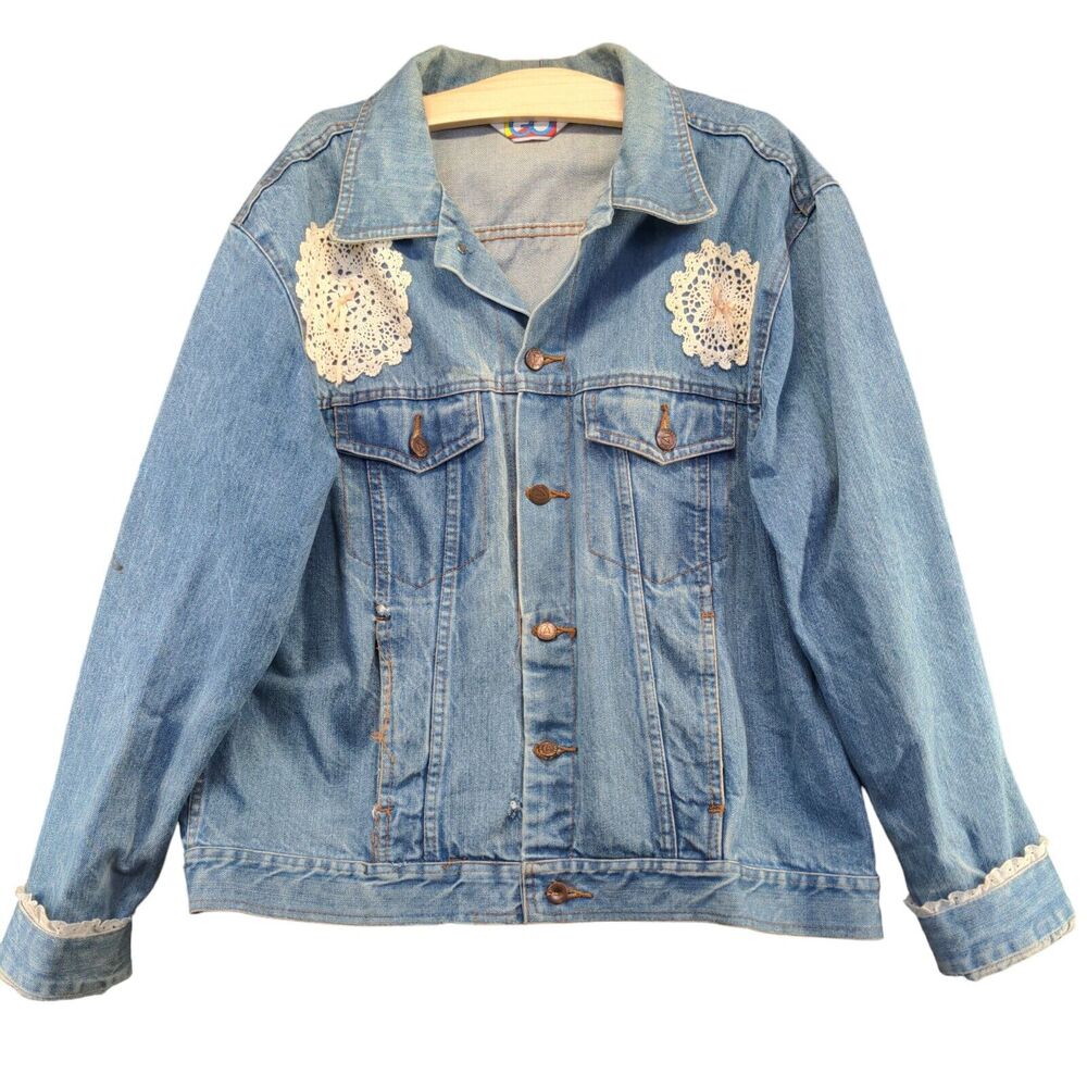 Generation One Women's Denim Jean Jacket Blue XL Crochet Trim Vintage